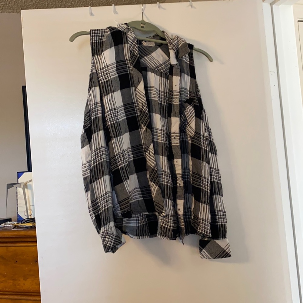 Plaid button up top with shoulder cutouts